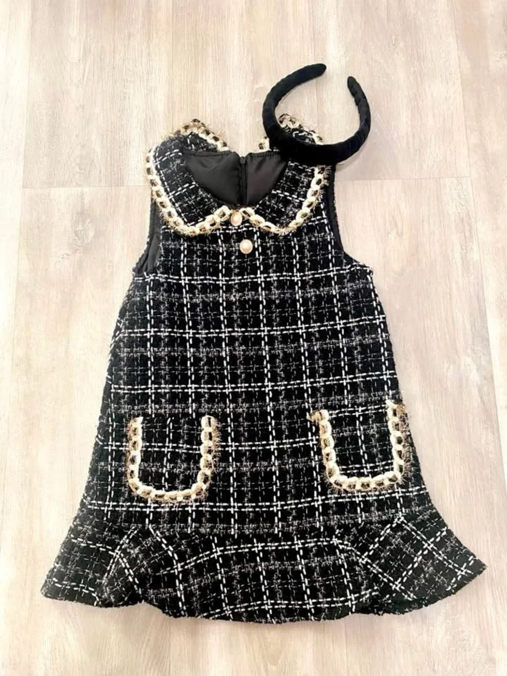 Classic Black Tweed Girls' Dress with Pearl Trim
